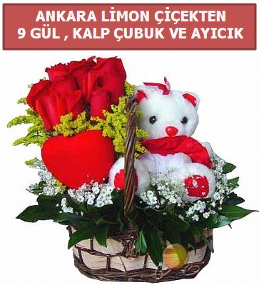 Kalp �ubuk sepette 9 g�l ve ay�c�k  Ankara �i�ek�i telefonlar�  