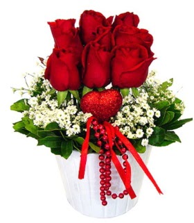 9 k�rm�z� g�l seramik ve kalp �ubuk  Ankara �i�ek g�nderme 