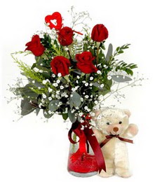  Ankara yurti�i ve yurtd��� �i�ek sipari�i  5 adet kirmizi g�l ve pelus ayicik kalp �ubuk