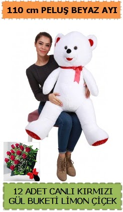 110 cm beyaz kocaman pelu� ay� ve 12 g�l  Ankara �i�ek g�nderme 