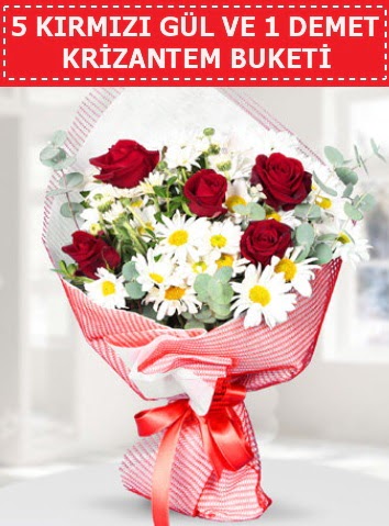 5 adet k�rm�z� g�l ve krizantem buketi  Ankara �i�ek sat��� 